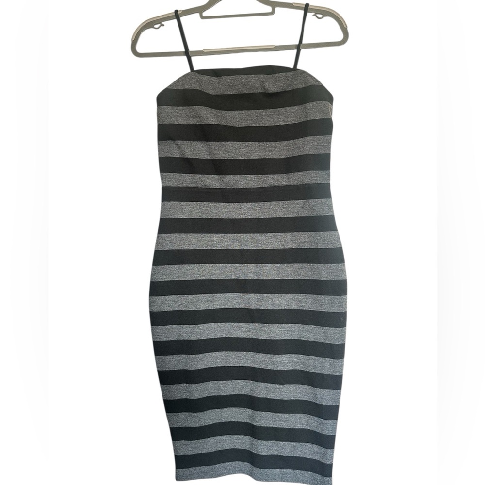 Express Black and Gray Striped Strapless Dress Bodycon
